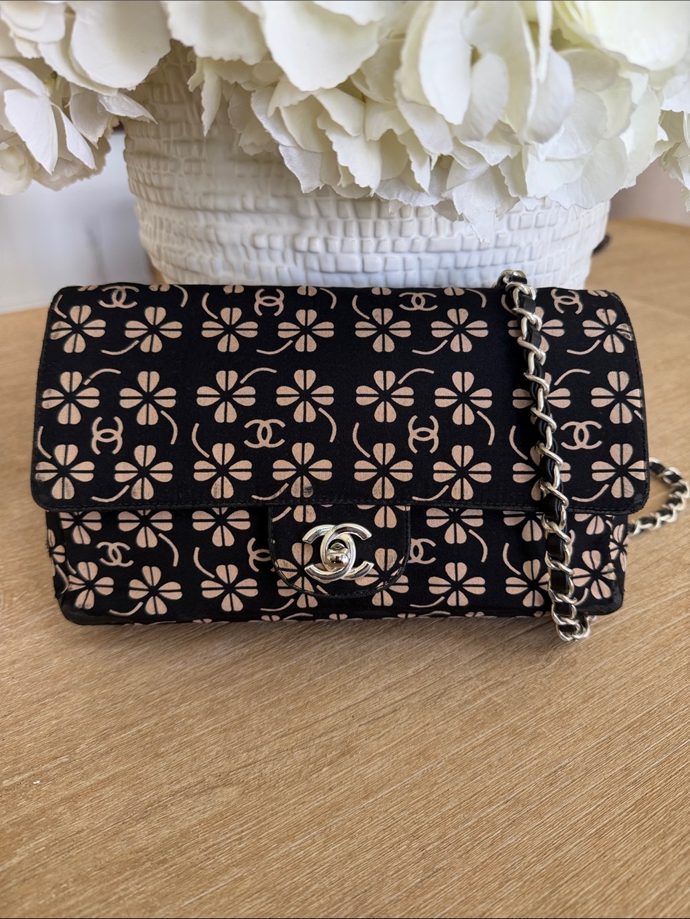 CHANEL Black & Beige Floral Canvas Chain Shoulder Bag